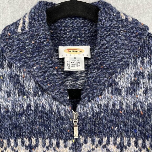 Talbots Womens Vintage Wool Full Zip Cardigan Sweater Size S Petite Blue Nordic - Picture 5 of 10